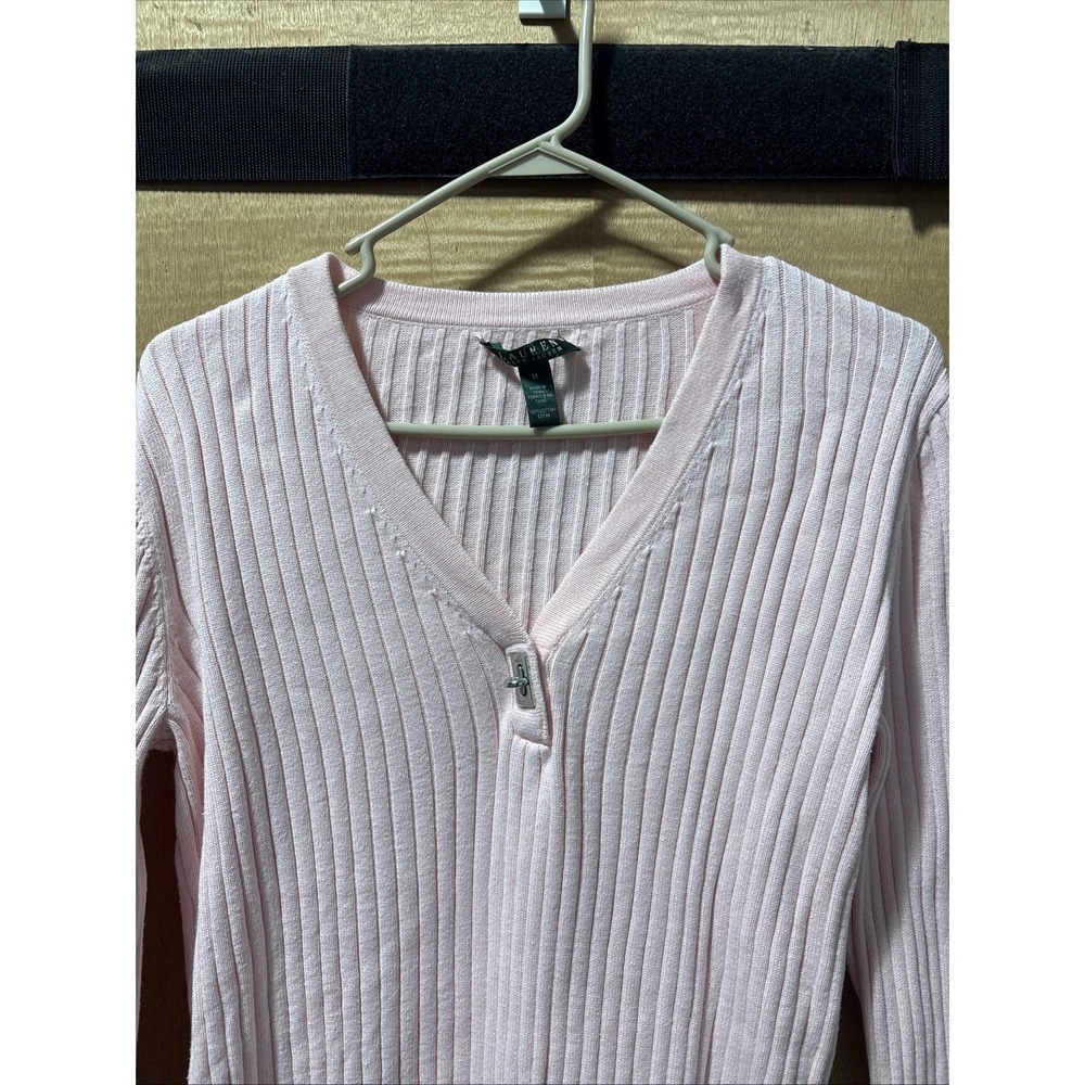 LAUREN RALPH LAUREN Pink Sweater Pullover V Neck Ribbed 100%Cotton Stretch Sz M